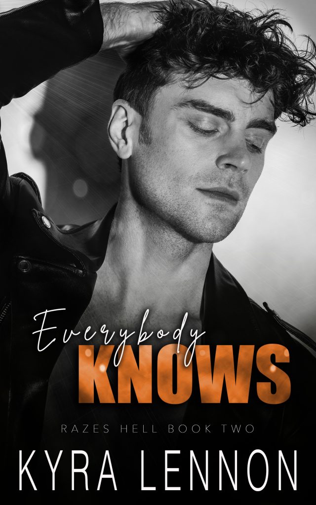 Cover for Everybody Knows showing an attractive man with dark curly hair and stubble, wearing a leather jacket. 