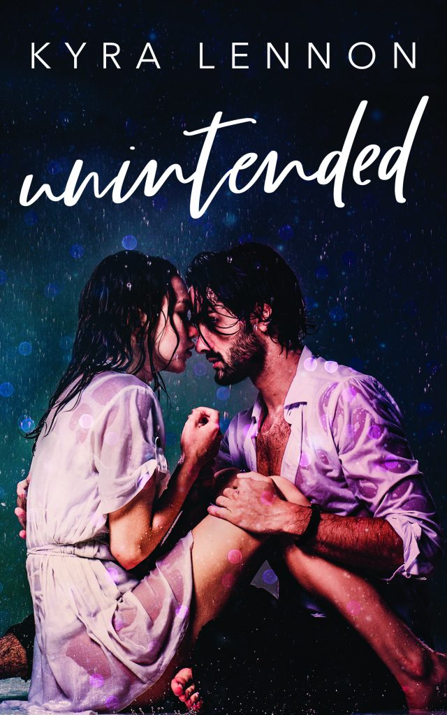 Cover for Unintended featuring a young couple sitting down, embracing, their clothes soaked from the rain. 