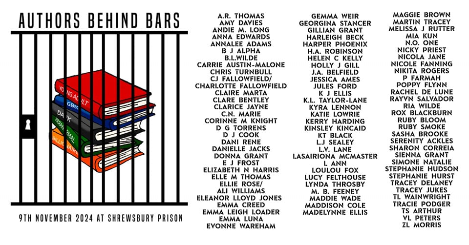 Banner promoting the authors behind bars signing in Shrewsbury on Nov 9th 2024 at Shrewsbury Prison.