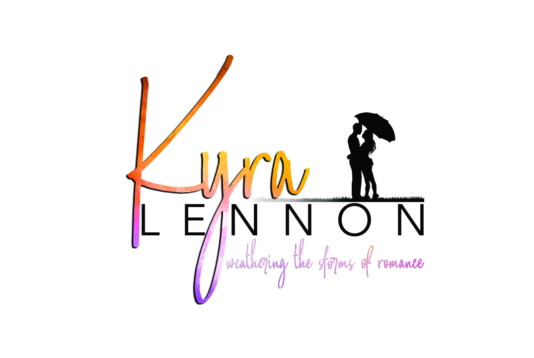 Image shows Kyra Lennon's author logo of her name and the words weathering the storms of romance, with a silhouette of a couple under an umbrella